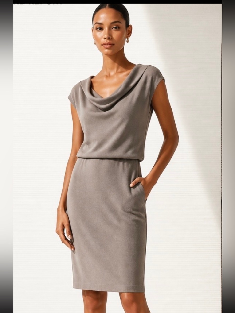 ST JOHN Cowl Neck Dress Blouson Drop Waist Gray Beige Greige Pockets Knit Shift